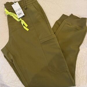 FIGS women’s Lesage Jogger Pants in Marini Olive with Neon Accents